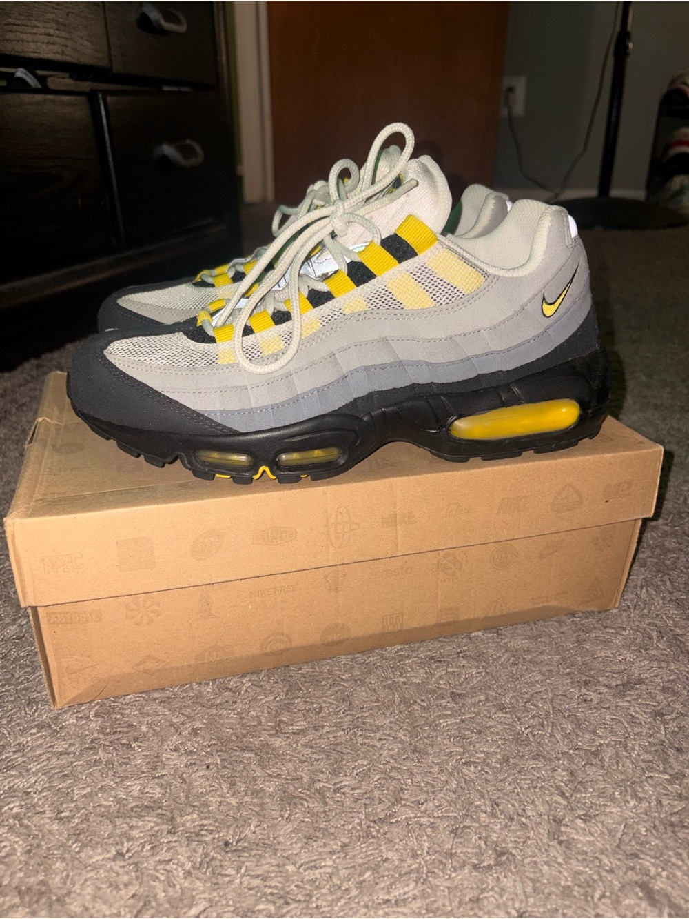 Nike Grey and Yellow Air Max 95 Sneakers